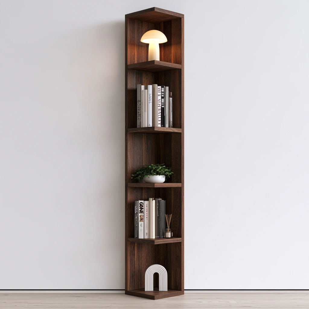 Libreria angolare in legno a cinque livelli, colore marrone scuro