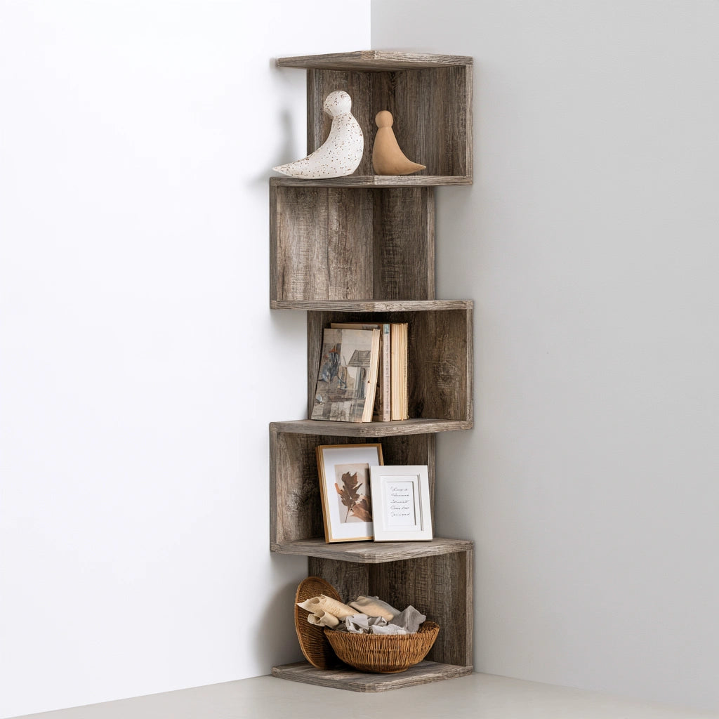 Scaffale angolare in legno a cinque livelli, colore grigio chiaro