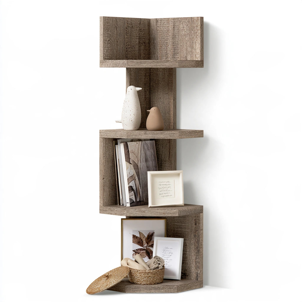 Scaffale angolare in legno a cinque livelli, colore grigio chiaro